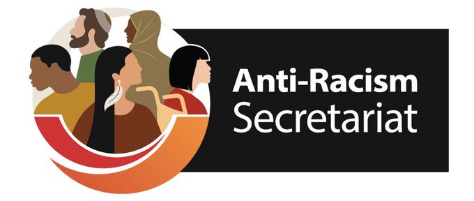 Graphic with a black background and white text that reads "Anti-Racism Secretariat." A pictogram of a diverse group of people is on the left-hand side.