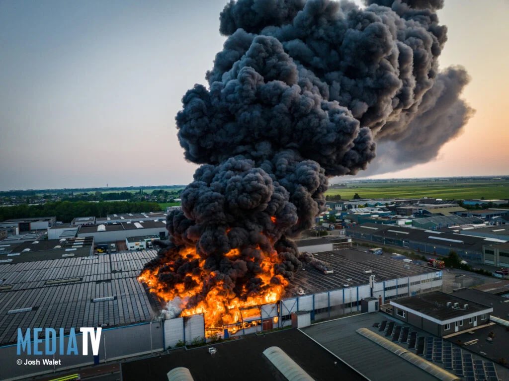 Olafvandijk's tweet photo. #GRIP1 voor een zeer grote brand in #TerAar. Enorme loods met veel zonnepanelen op het dak. Foto: MediaTV. Meer beeld en info bij 112HM: https://t.co/ce6R3iZyjP https://t.co/jpoCeMlPBf