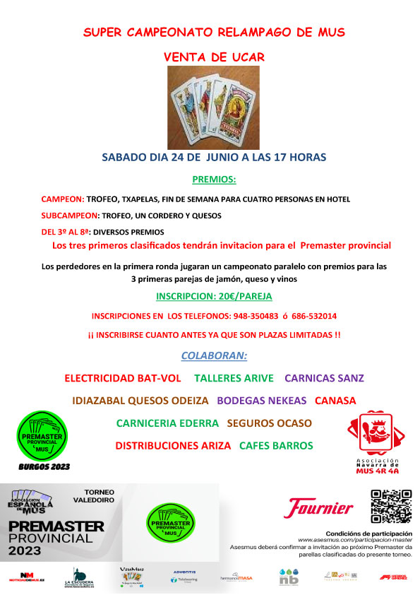 #mastermus CAMPEONATO RELAMPAGO DE MUS  VENTA DE UCAR , el 24 de junio en Úcar, Navarra asesmus.com/torneos/?m=0&c…