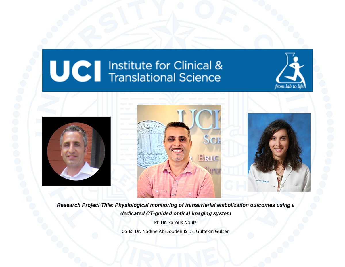 uciradiology's tweet photo. Congratulations 

To Dr. Nouizi, Dr. @abijaoudehn and Dr. Gulsen for receiving the 2023 ICTS Pilot Studies Award for their innovative research project. 

More information here: https://t.co/JRqKkQTAdM 

#UCIRadiology #UCIResearch #Award #ICTS2023  @UCI_Neurorads @UCIradres https://t.co/Aa1exjTIyL