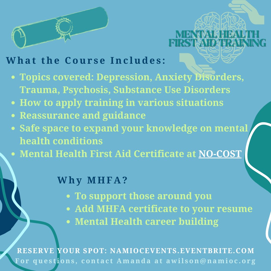 Our upcoming Mental Health First Aid Training will be held on June 27th for individuals between the ages of 18-24! Register on Eventbrite through the link in our bio!
#MentalHealthFirstAid #MHmatters #NAMI #namiorangecounty #orangecountyca #NationalCouncilForMentalWellBeing