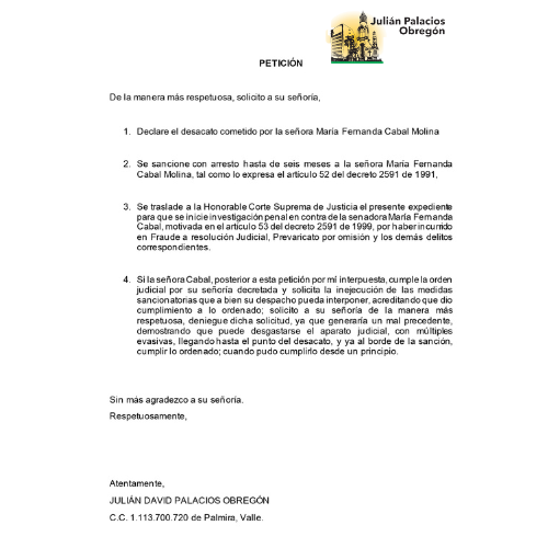 JulianPalaciosO's tweet photo. En menos de 15 días la señora Cabal deberá estar detenida. @MariaFdaCabal tuvo plazo hoy para dar cumplimiento a dos ordenes judiciales, las cuales hasta el presente Tweet NO cumplió. ¡Entró en desacato! Aunado se inicia proceso penal de Fraude procesal y prevaricato por omisión. https://t.co/XUS3tPVHra