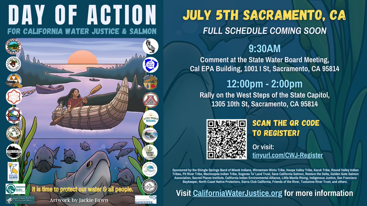 Join us for a Day of Action for CA #WaterJustice & Salmon July 5th in Sacramento. It’s time for water law reform and change! 
Register here: tinyurl.com/CWJ-Register
More info: Californiawaterjustice.org 
@ssbandofmiwoks @winnememwintu @SaveCaliSalmon @SFBaykeeper and more!
#CAwater