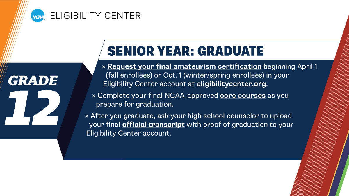 NCAA Eligibility Center (@ncaaec) on Twitter photo Are you going to be a high school senior? Make sure you are completing your final <a href="/ncaaec/">NCAA Eligibility Center</a>-approved core courses.
➡️ on.ncaa.com/HSTimeline Are you going to be a high school senior? Make sure you are completing your final <a href="/ncaaec/">NCAA Eligibility Center</a>-approved core courses.
➡️ on.ncaa.com/HSTimeline