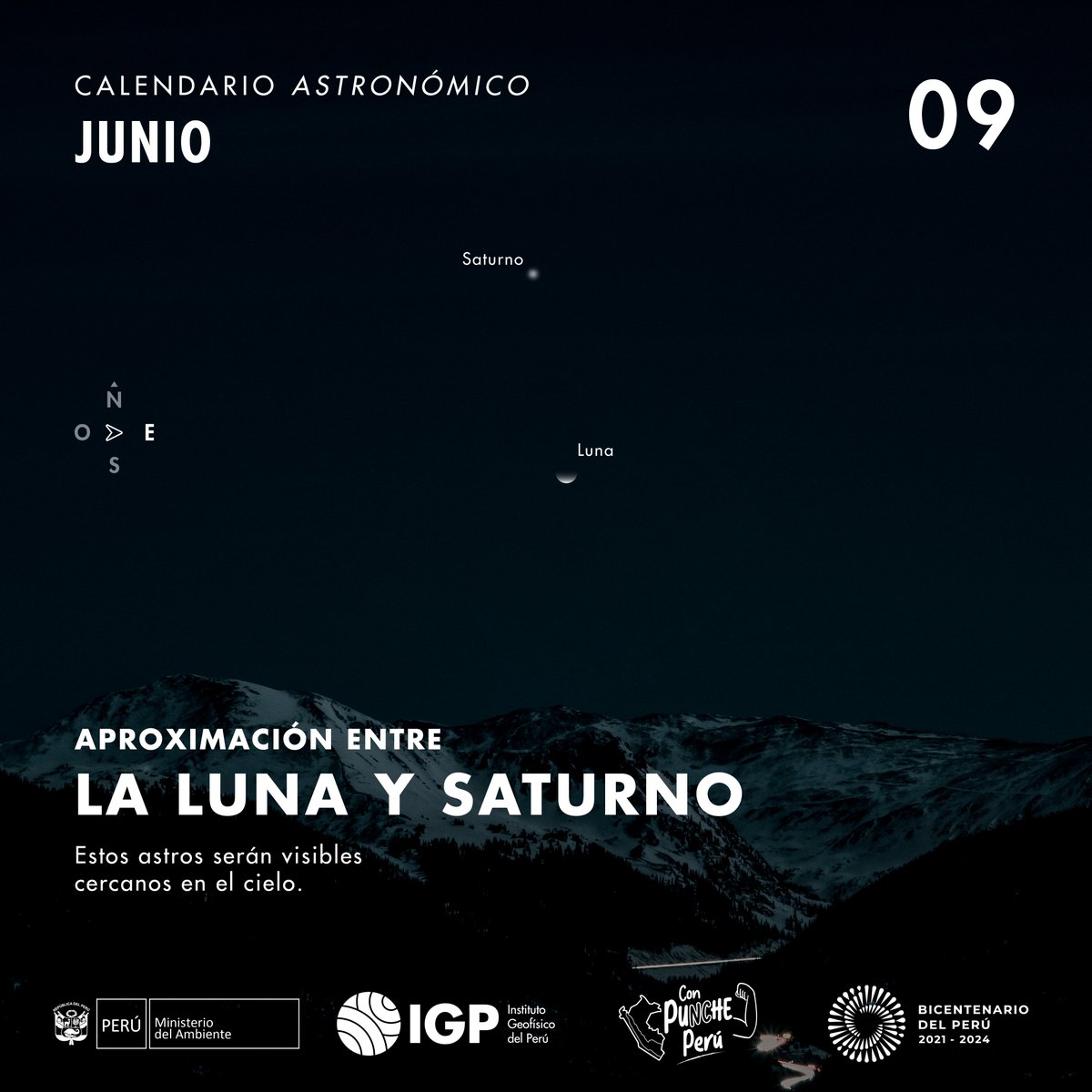 igp_peru's tweet photo. La #Luna 🌕 y #Saturno serán visibles cercanos en el cielo. Para ver este evento astronómico se debe observar en dirección este desde las 23:45 hasta el amanecer del día 10 de junio. ¡Te invitamos a compartir tus fotos!

📌 Es importante contar con cielos despejados. https://t.co/D6zY0CUrbV