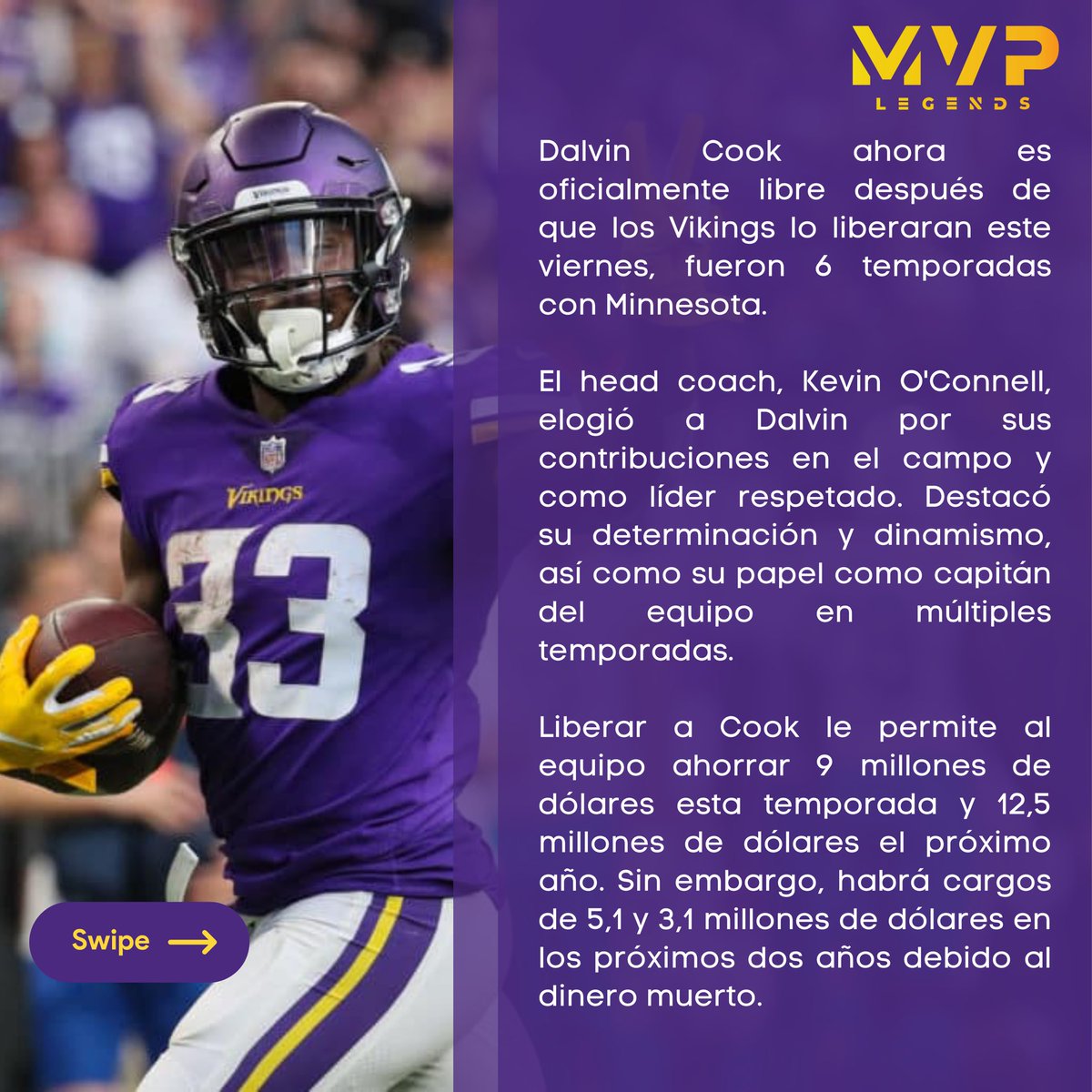 MVPLegendsMX's tweet photo. Después de 6 temporadas, Dalvin Cook se despide de Minnesota 🏈

¿Con qué uniforme te gustaría verlo? 🤔👀

#nfl #vikings #SKOL #minnesota #minnesotavikings #noticiasnfl #nflnews #nflenespañol https://t.co/DU1M1bGjVh