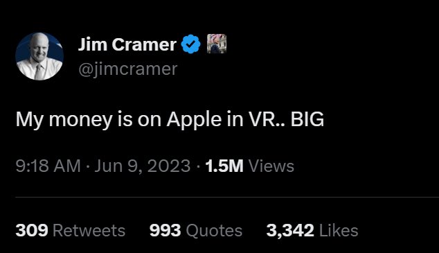 WatcherGuru's tweet image. Jim Cramer says his money is "BIG" on Apple in VR.