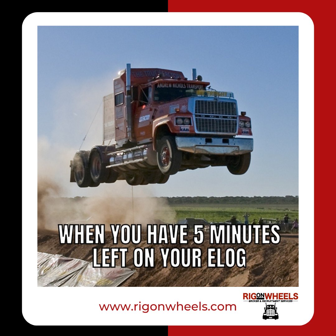 rigonwheels's tweet image. When time's ticking on your elog and you channel your inner speed demon to find that parking spot!
Share your hilarious elog countdown stories in a tweet!
#truckingmemes #rigonwheels #TruckerProblems