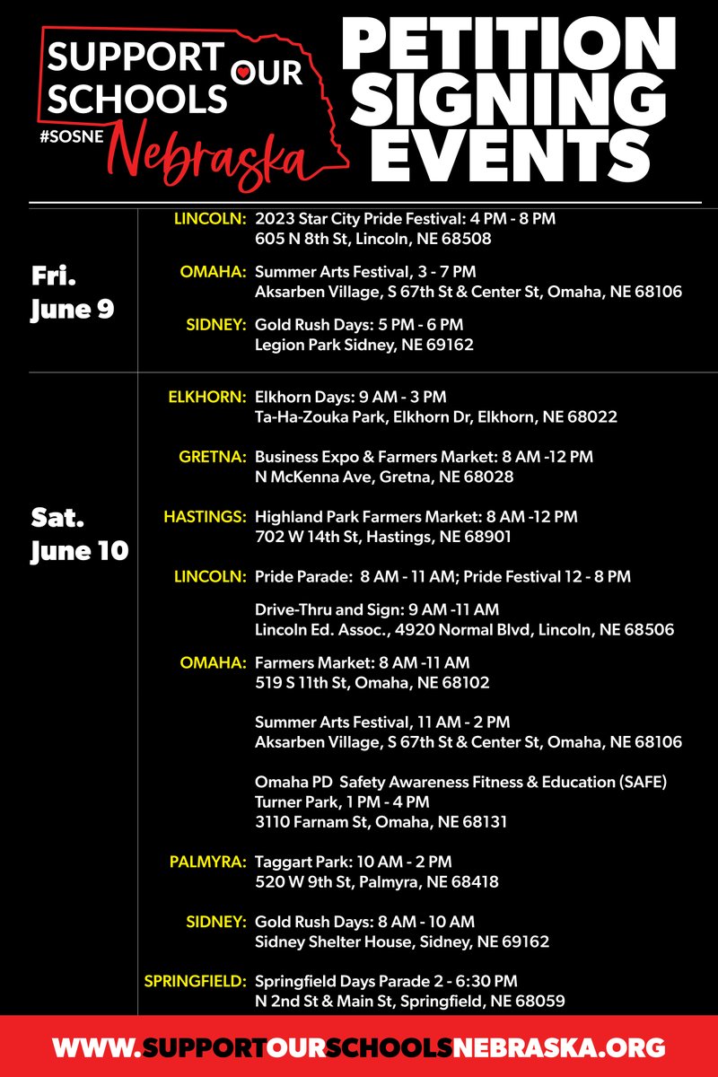 Petition Signing Events are popping up like spring thunderstorms in Nebraska! ⛈️😀

Here's an UPDATED list of events happening Friday, June 9 &amp; Saturday, June 10. Find the complete list and map at supportourschoolsnebraska.org.