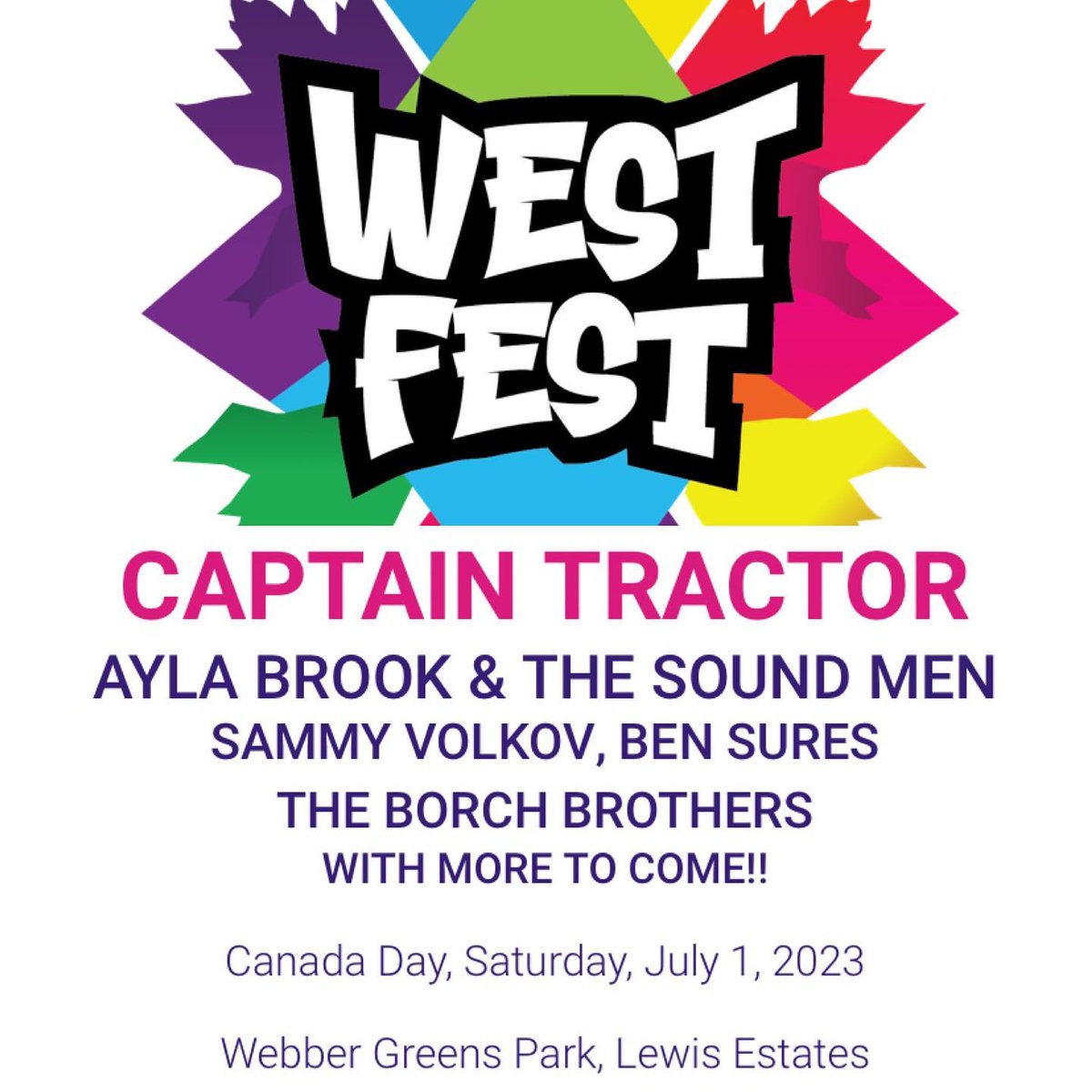 We back! Thrilled to be playing the brand new WestFest on the West End of Edmonton. July 1 with pals Captain Tractor, Sammy Volkov Ben Sures &amp; more
Tickets are free, but ya gotta grab one through their site.
eventbrite.ca/e/westfest-202…

Can’t wait!