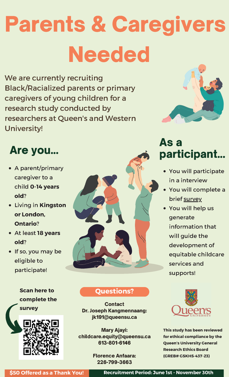 Black Kids’ Health (@blackkidshealth) on Twitter photo Researchers at #Queens & #Western University want to hear from Black/racialized parents/caregivers about childcare access and utilization!
Complete their survey (shorturl.at/fxQY0) or contact 613-801-6146/childcare.equity@queensu.ca to arrange an interview
<a href="/JKangmennaang/">Joseph Kangmennaang</a> Researchers at #Queens & #Western University want to hear from Black/racialized parents/caregivers about childcare access and utilization!
Complete their survey (shorturl.at/fxQY0) or contact 613-801-6146/childcare.equity@queensu.ca to arrange an interview
<a href="/JKangmennaang/">Joseph Kangmennaang</a>