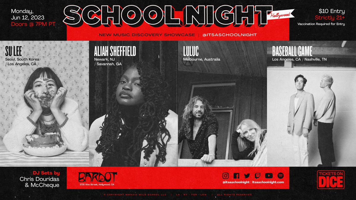 Come down this Monday for our Season Finale, the last School Night before Labor Day.

I'm DJing at 7p and 8p.

7:30 <a href="/suleesususu/">Su Lee</a>
8:30 @AliahSheffield
9:30 <a href="/luluc/">LULUC</a>
10:30 <a href="/baseballgame_/">Baseball Game</a>

Tickets: tinyurl.com/4sz87442
<a href="/ItsASchoolNight/">School Night</a>