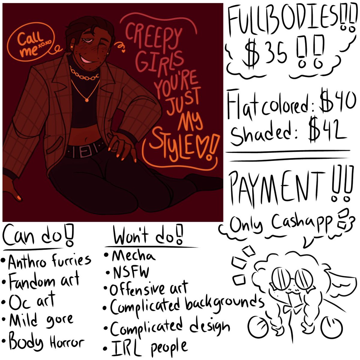 HI PEOPLE !! made my first commission sheet 💛💛💛 
DM if interested!! 💕

#CommissionSheet #commissionopen