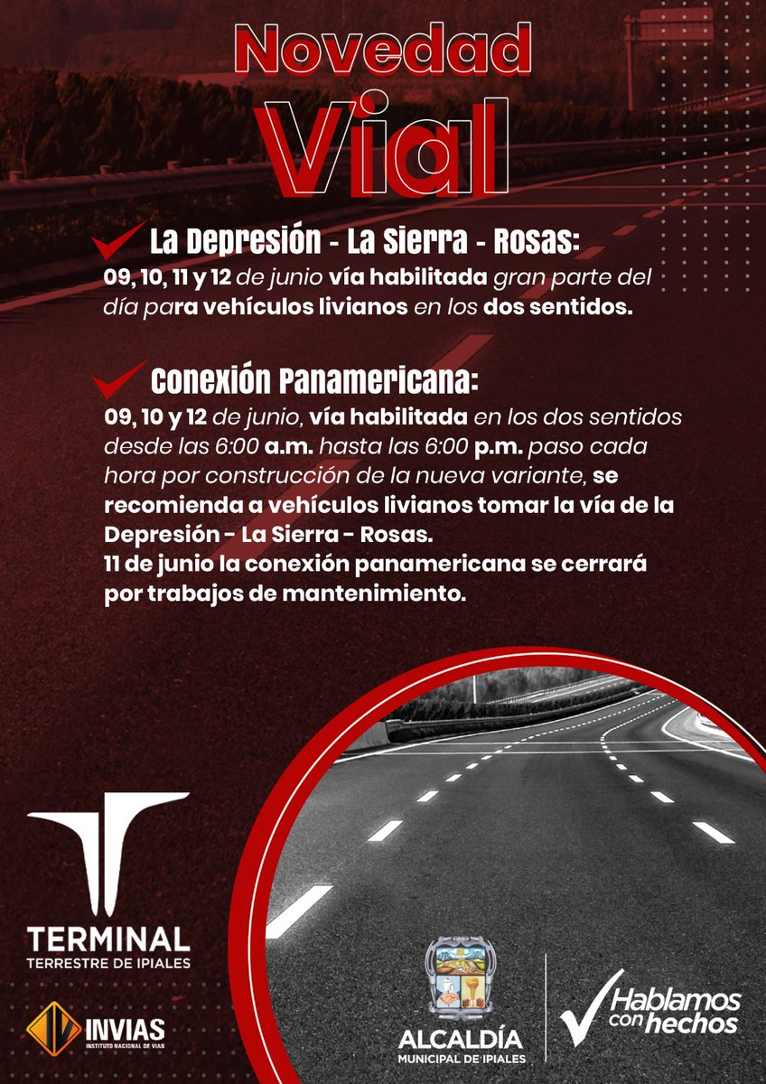 Compartimos el cronograma de las vías alternas para éste puente festivo, lea con detenimiento para evitar contratiempos. Viaje seguro y legal comprando sus tiquetes en las taquillas autorizadas de la Terminal Terrestre de Pasajeros Ipiales.