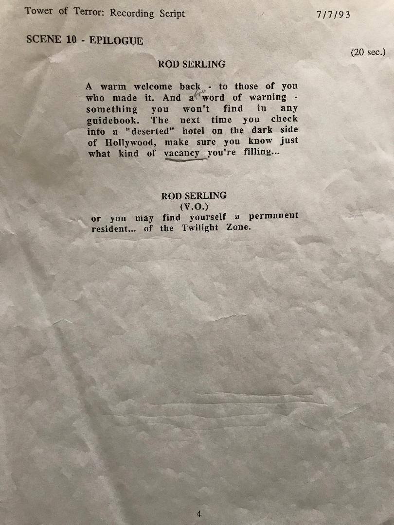 30 years ago I read this into a microphone at Disney Imagineering from this EXACT piece of paper. I keep it in my Disney drawer.  You can see I penciled in the word 'FRIENDLY' on the second line before 'word of warning' because it sounded more Serling like that way.