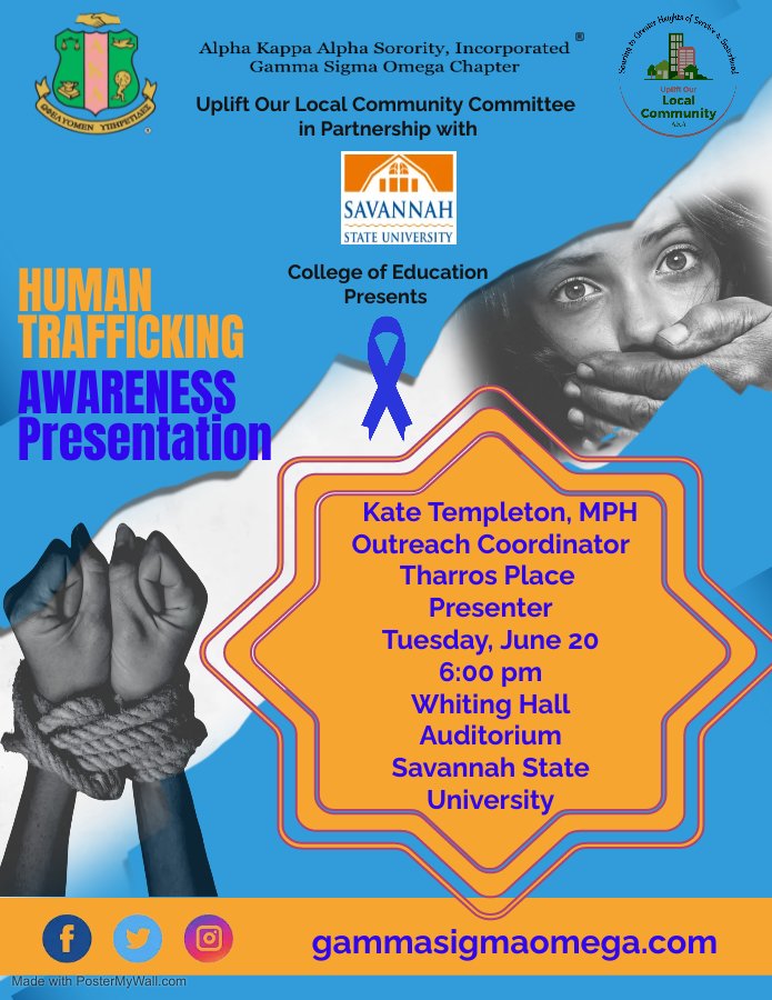 Chatham County ranks 7th in the state for the number of sex trafficking cases of minors. Join us for a discussion on human trafficking.
#humantrafficking #sextrafficking #aka1908 #gammasigmaomega #ssucollegeofeducation #ssu