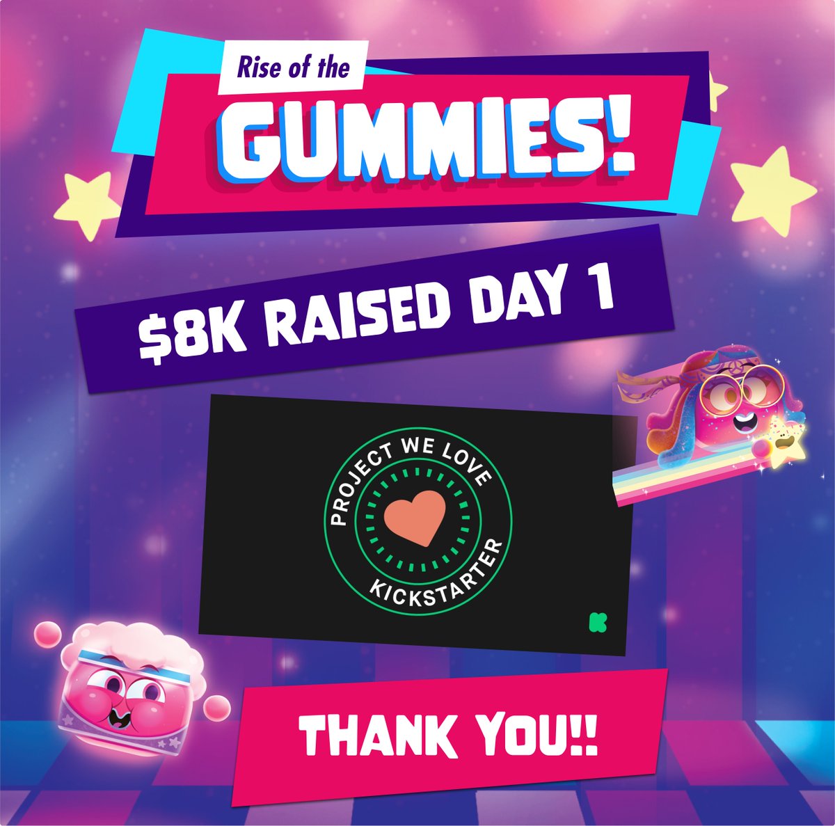 PlayPillowFort's tweet photo. Thank you to everyone who helped support Rise of the Gummies on Day 1! We are thrilled to have raised $8k from over 100 backers, AND to have earned the "Project We Love" badge on KS. These Gummies are on the Rise!

https://t.co/niTodK7BjG

#indiegame #kickstarter #cardgame https://t.co/591AvaZ7I7