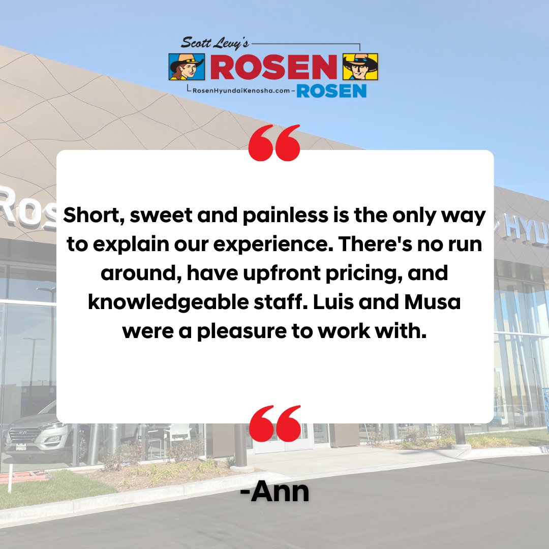 Stop by #RosenKenosha for a short, sweet, and painless car-buying experience! 😉 🍭

#HyundaiDealer #HyundaiDealerKenoshaWI #FiveStarReview