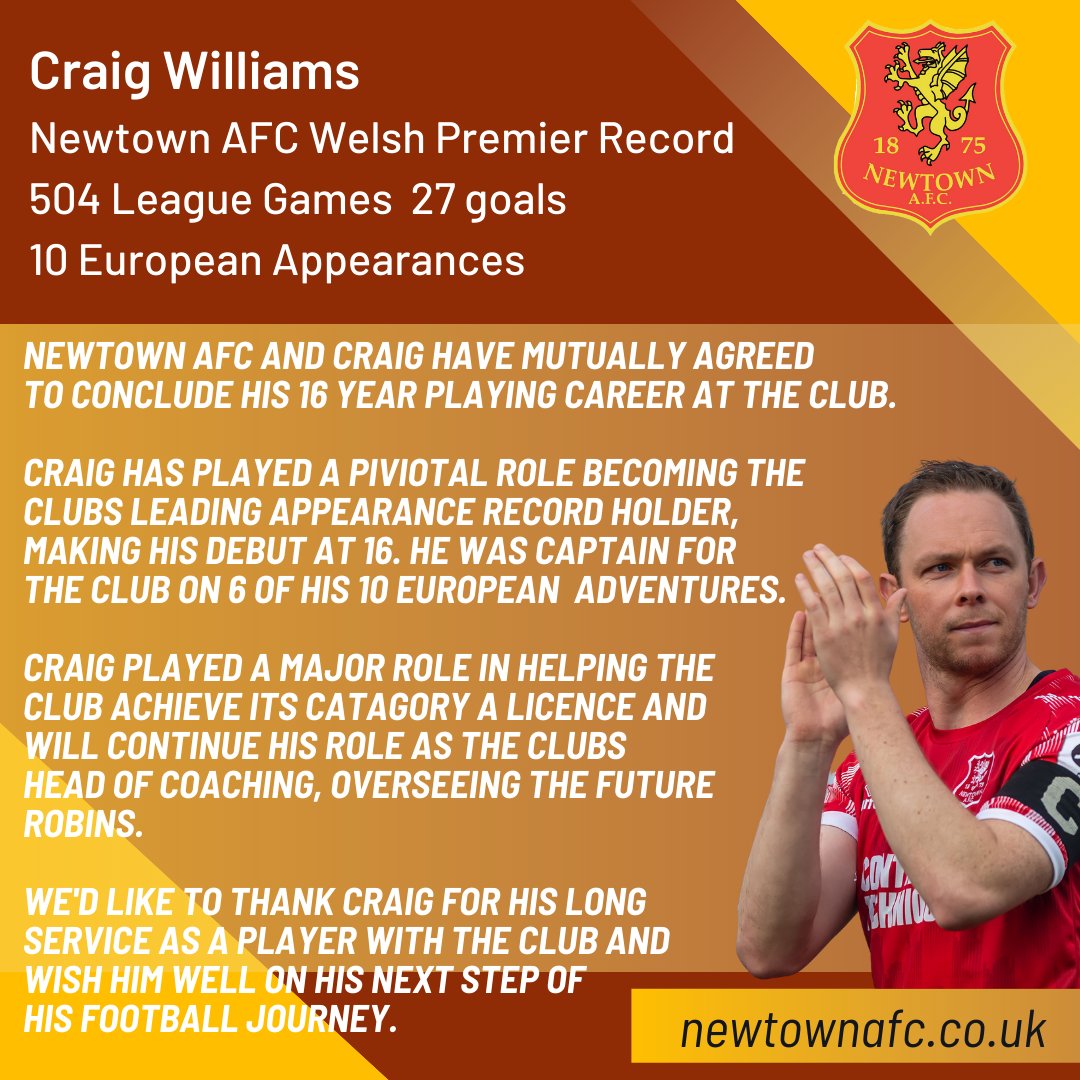 NewtownAFC's tweet photo. Newtown AFC - @craig_williams4 Announcement
@CymruLeagues @sgorio @CTSport @my_newtown @YClwbPelDroed https://t.co/mBY3BKXnYL