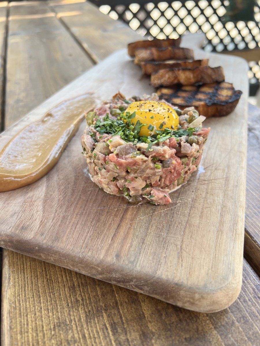 New dish: Cold Smoked Tenderloin Tartare with capers, cornichon, duck yolk, black garlic aioli, sourdough toast