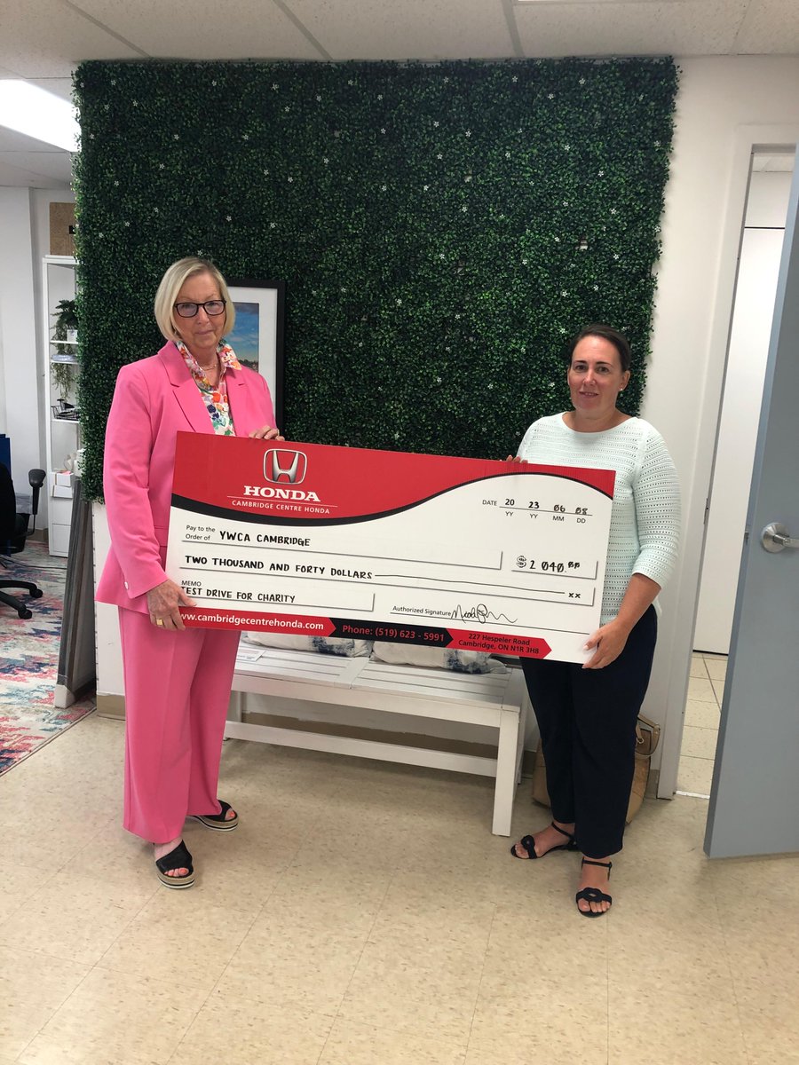 ywcacambridge's tweet photo. Thank you @Cambridgehonda for choosing us as your charity of choice for May's #TestDriveForCharity! Today, Nicole presented our CEO, Kim Decker, with a cheque for $2,048 raised from test drives. Thank you for everything you do to support our work, Nicole & team!
#CCHCares https://t.co/TeRUa5Y3at