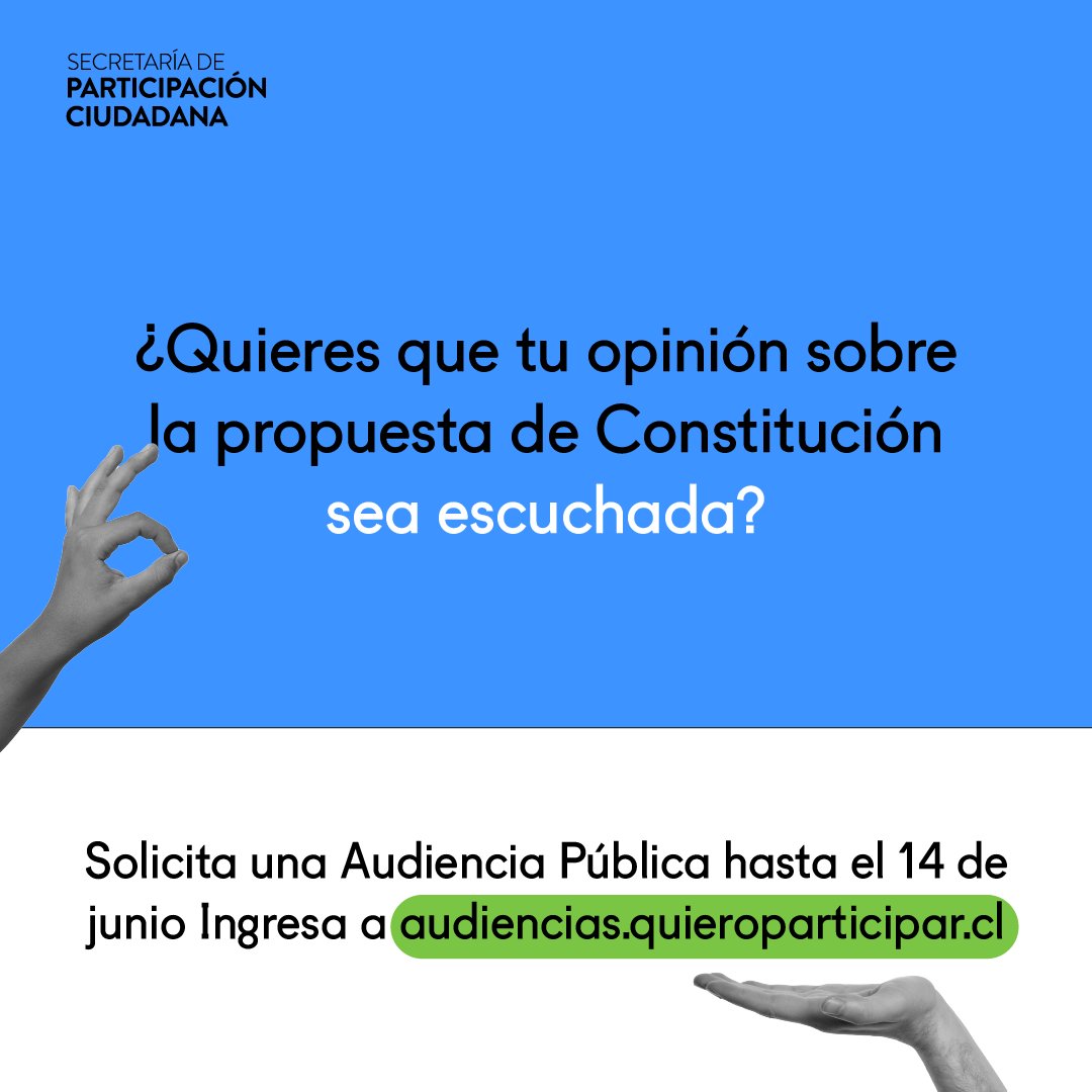 ¡Cada vez quedan menos días para inscribirse a las Audiencias Públicas! No te quedes fuera 🚨🚨, solicita tu audiencia en audiencias.quieroparticipar.cl y entrega tu opinión sobre la propuesta del anteproyecto al Consejo Constitucional. 

Si estamos tod👌s será de tod👍s