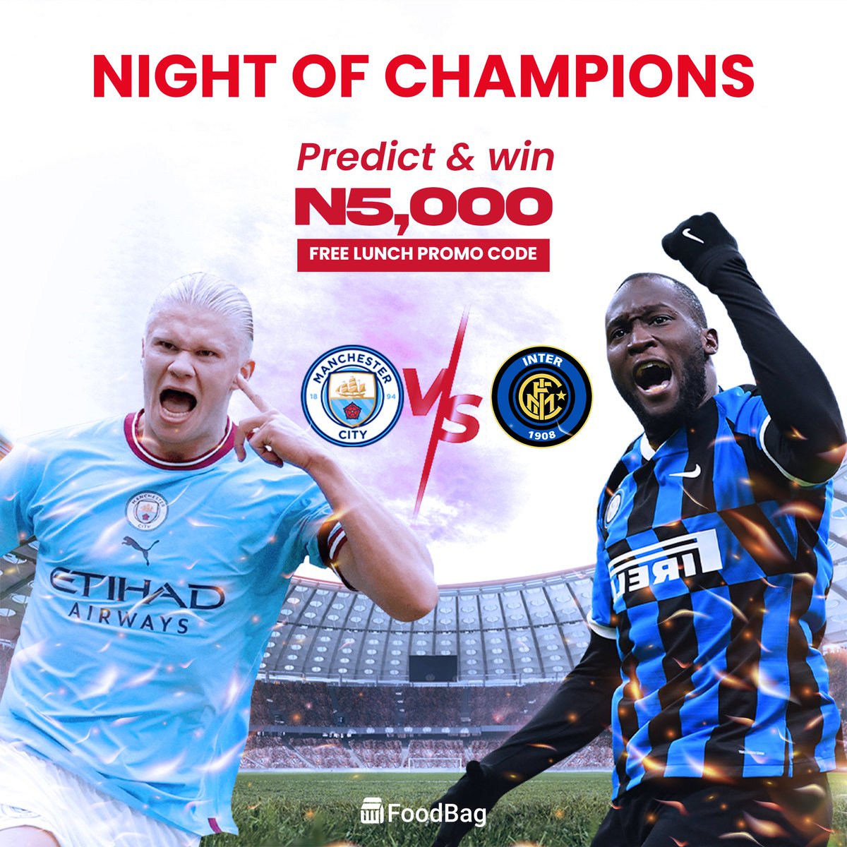 Predict correctly the scoreline in the comment section and stand a chance to win Free lunch Promo code worth ₦5,000 credited to your FoodBag wallet..💦

 Predictions closes before the start of the match...💯💯
#championsleaguefinal #manchestercityfc #intermilan #predictandwin