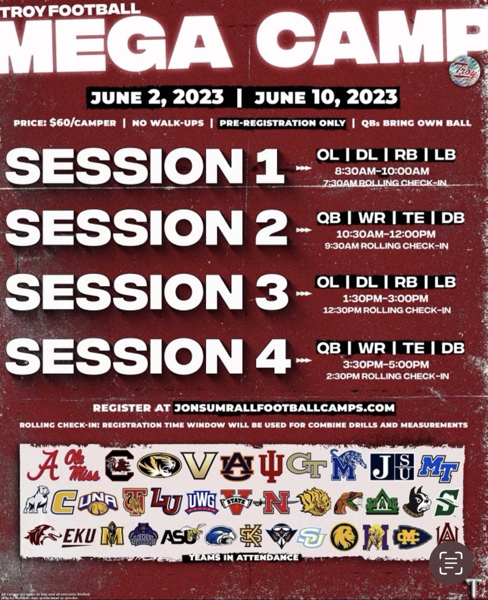 Looking forward to competing at the Troy Mega Camp tomorrow!! #RiseToBuild | #OneTROY ⚔️🏈
@CoachJonSumrall @CoachBernardi74 @CoachCraddock @TroyTrojansFB @FBCoachWolf @KirkBarron73 @Collins_OleMiss @HunterMacKay_ @CoachTeasley @jrudIV @CoachJonesB  @RyanTrichel @CoachBlaz…