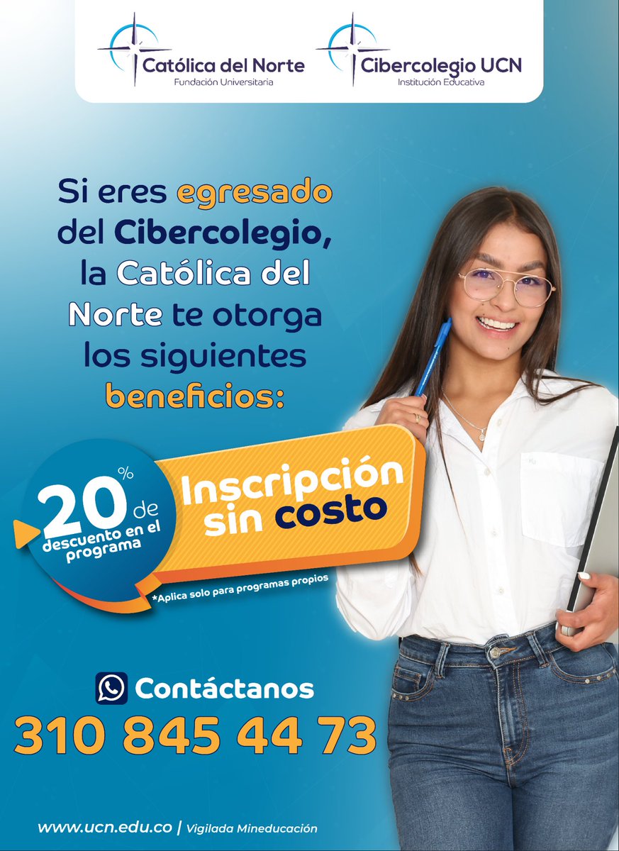 ¡Continúa tu camino hacia el éxito académico con nosotros! Si eres egresado del Cibercolegio, te ofrecemos un descuento especial para que puedas seguir ampliando tus conocimientos en una institución reconocida por su excelencia educativa.
 
#CibercolegioUCN #CatólicaDelNorte