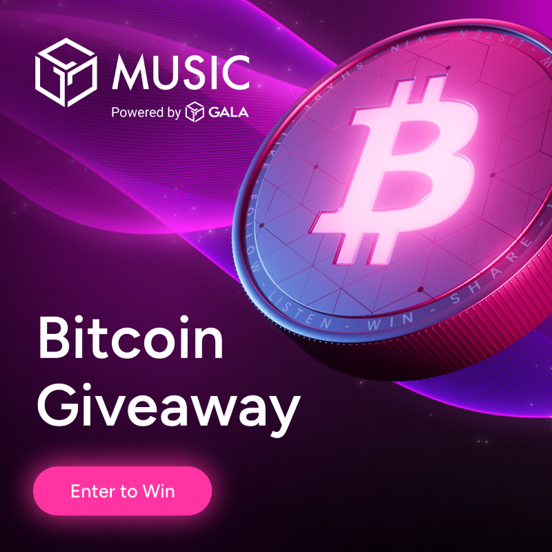 GoGalaMusic's tweet photo. Win the Coin that Sparked a Revolution. Follow Gala Music and enter our Bitcoin giveaway for a chance to win 1 BTC and 300 earning-enabled tracks.