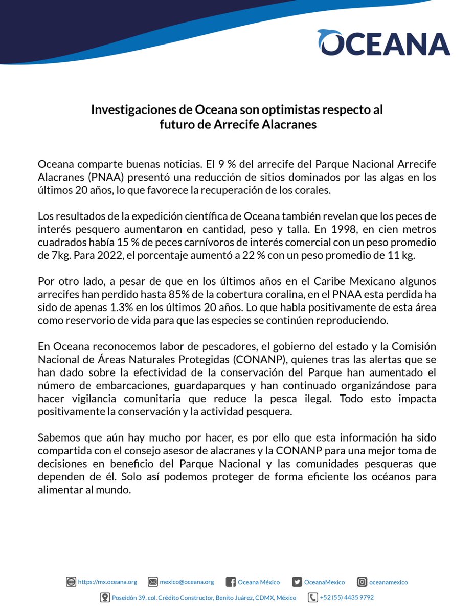 OceanaMexico's tweet photo. Les compartimos buenas noticias respecto al futuro de Arrefice Alacranes.

#OceanaMéxico #SomosMarea https://t.co/DojvzoFPP0