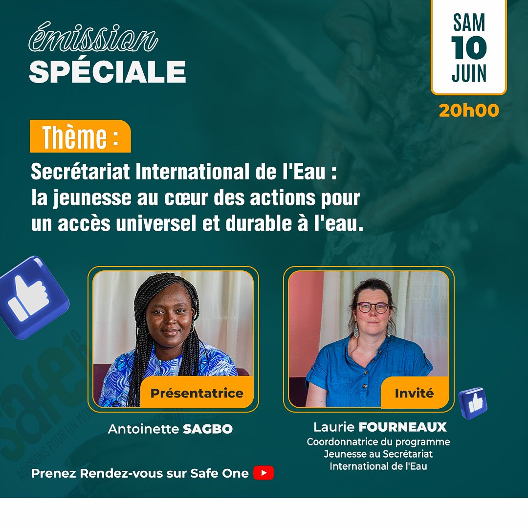 Prenez le rendez-vous ce samedi 10 juin 2023 à 20h00 sur @safeonelive avec @AntoinetteSagbo Sagbo.

  Youtube : urlz.fr/mgcO

#ODD6 #ODD #eau #eaupotable #DeveloppementDurable