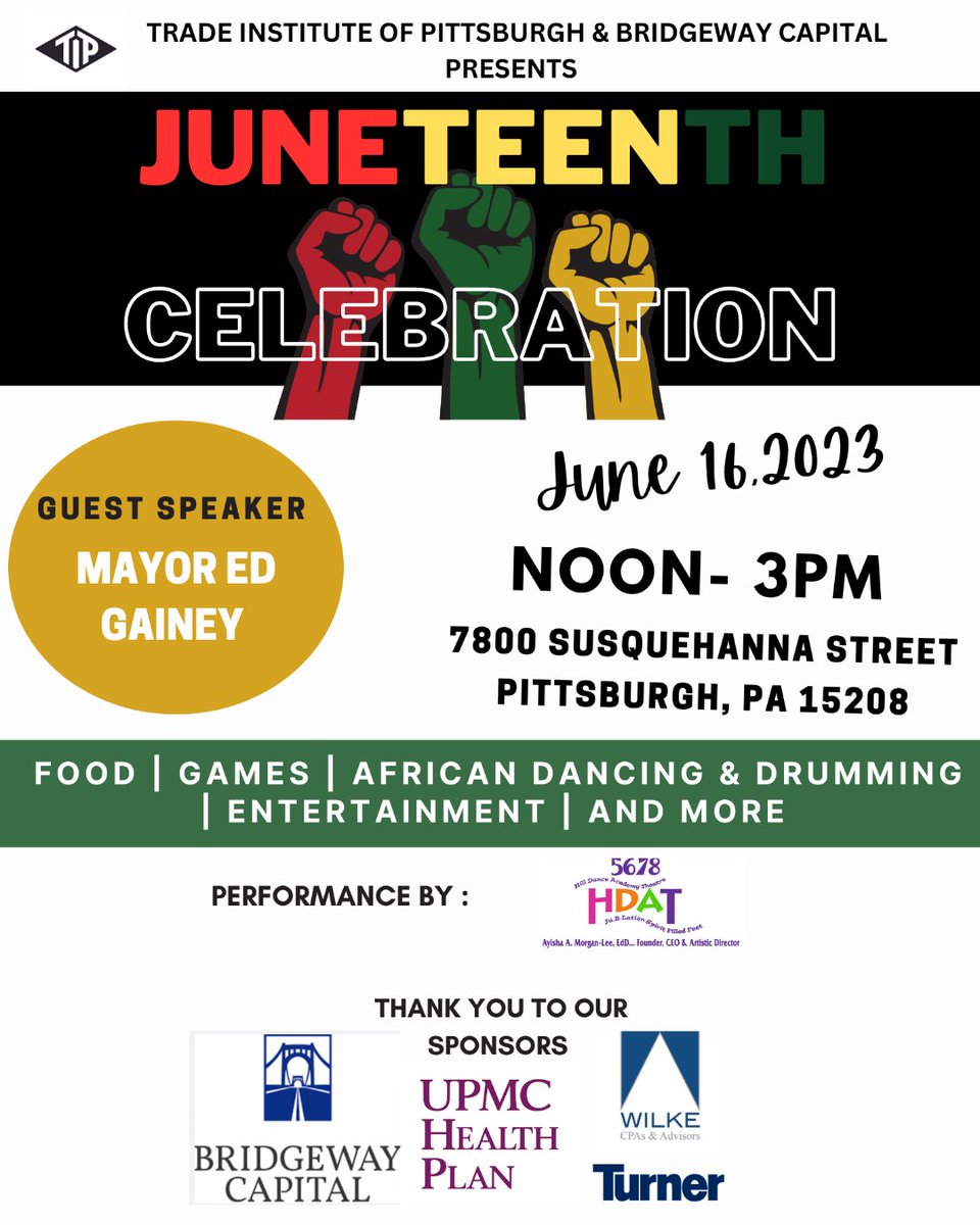 #SaveTheDate 📆 Bridgeway Capital is a proud sponsor of the Trade Institute of Pittsburgh's Juneteenth Celebration, taking place Friday, June 16th, from noon to 3 pm at 7800 Susquehanna St. Meet us there for food, games, African dancing and drumming, entertainment, and more!