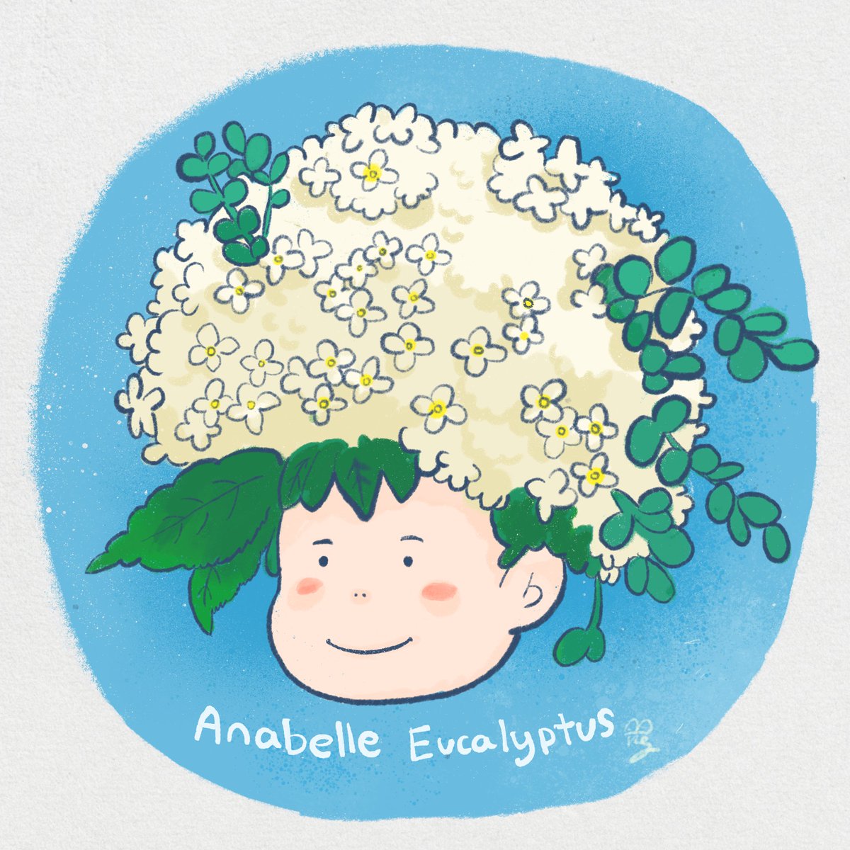 爽やかな白花の紫陽花「アナベル」とユーカリの葉の超すてきな組み合わせのお花をいただいたので、キャラにしました。名付けて「アナベル有加利ちゃん」😁 https://t.co/tZGVLFlyre