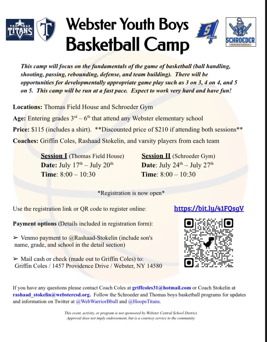 Schroeder Boys Basketball (@webwarriorbball) on Twitter photo 🚨 A friendly reminder to sign up for our Webster Youth Boys Basketball Camps for this summer if interested🚨
🏀🏀🏀🏀🏀🏀🏀🏀🏀🏀🏀🏀🏀
<a href="/KlemSouth/">Klem South School</a> <a href="/KlemNorthStars/">Klem North Stars</a> <a href="/PlankNorthPride/">Plank North</a> <a href="/planksouthpe/">PlankSouthPE</a> <a href="/SchlegelRoadES/">Whisker's Pride</a> <a href="/DeWittRoad/">DeWittRd</a> <a href="/stateroadpe/">stateroadphysicaleducation</a> <a href="/HoopsTitans/">Thomas Basketball</a> 🚨 A friendly reminder to sign up for our Webster Youth Boys Basketball Camps for this summer if interested🚨
🏀🏀🏀🏀🏀🏀🏀🏀🏀🏀🏀🏀🏀
<a href="/KlemSouth/">Klem South School</a> <a href="/KlemNorthStars/">Klem North Stars</a> <a href="/PlankNorthPride/">Plank North</a> <a href="/planksouthpe/">PlankSouthPE</a> <a href="/SchlegelRoadES/">Whisker's Pride</a> <a href="/DeWittRoad/">DeWittRd</a> <a href="/stateroadpe/">stateroadphysicaleducation</a> <a href="/HoopsTitans/">Thomas Basketball</a>