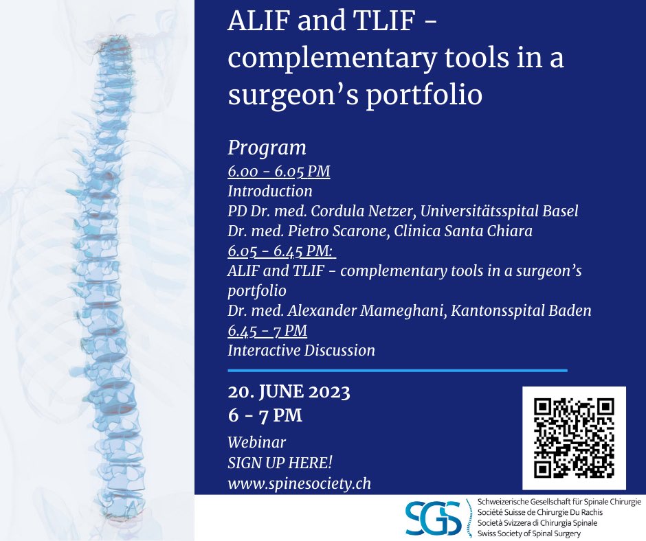 Please join our free webinar hosted by my good friend Prof. Cordula Netzer, MD via our Swiss Spine Society! I’m looking forward for an interesting session about ALIF and TLIF! 👉Tuesday June 20th at 6pm CET. Members will get CME points!
(one hour later we can jump over to the