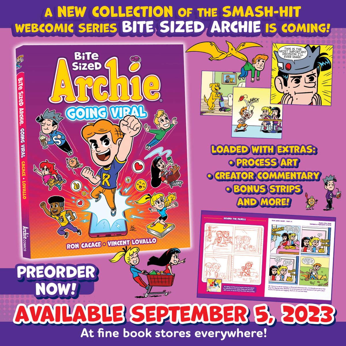 @TinyviewComics It's finally here! BITE SIZED ARCHIE VOL 1 is ON SALE NOW!!! And head's up! VOL 2, 'Bite Sized Archie: Going Viral' is available for pre-order!!! This book collects the comic that’s been delighting Archie fans on social media every week! bit.ly/BSAGoingViral