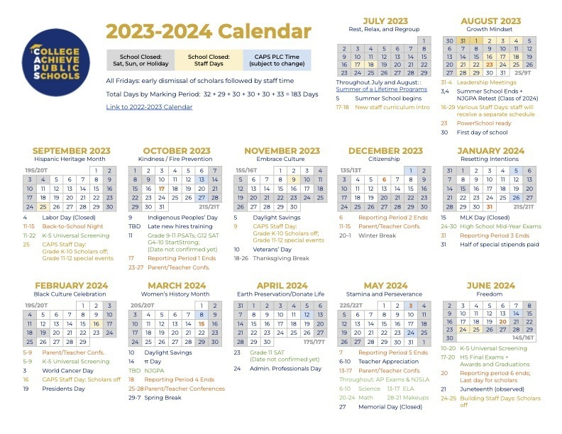 You can access the 2023-24 School Year Calendar Here: 5il.co/1w5jh

Keep up with any new information this summer by downloading our College Achieve Central Mobile App! 

Download for Android bit.ly/3x1vj2N
Download for iPhone apple.co/3cjkRKk