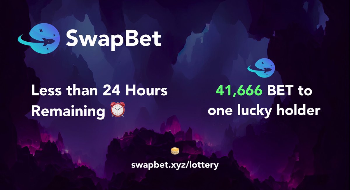 Less than 24 hours remain in our monthly $BET sweepstakes 🌔

Who will be the winner? 👑

Be sure to enter by holding your $BET tokens and submitting your wallet on our dApp 🛸

swapbet.xyz/lottery
