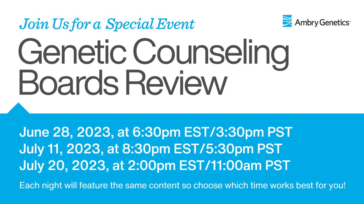 AmbryGenetics's tweet photo. Ambry Genetics will hold their annual #GeneticCounseling #BoardsReview again this year. There are three opportunities to help you study with a trivia-style event. All three events on June 28, July 11, or July 20 will feature the same content.
https://t.co/wJdvhzwQre
#genechat https://t.co/9jk0XQBrF0