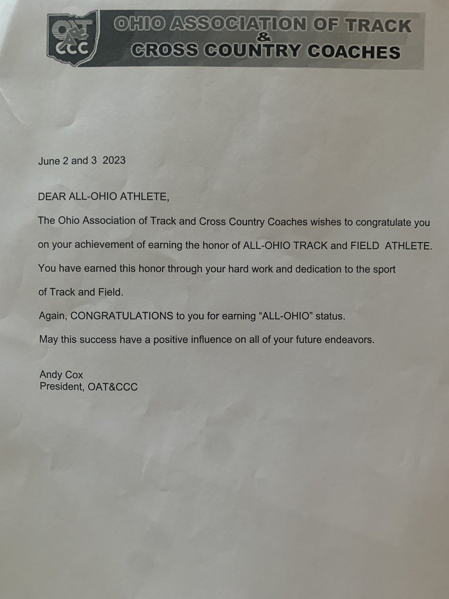 Jesse Owens State Track Meet last weekend
100m - 10.97
4x2 - 1:28.28 4th in the state
All-Ohio Athlete
Academic All-Ohio