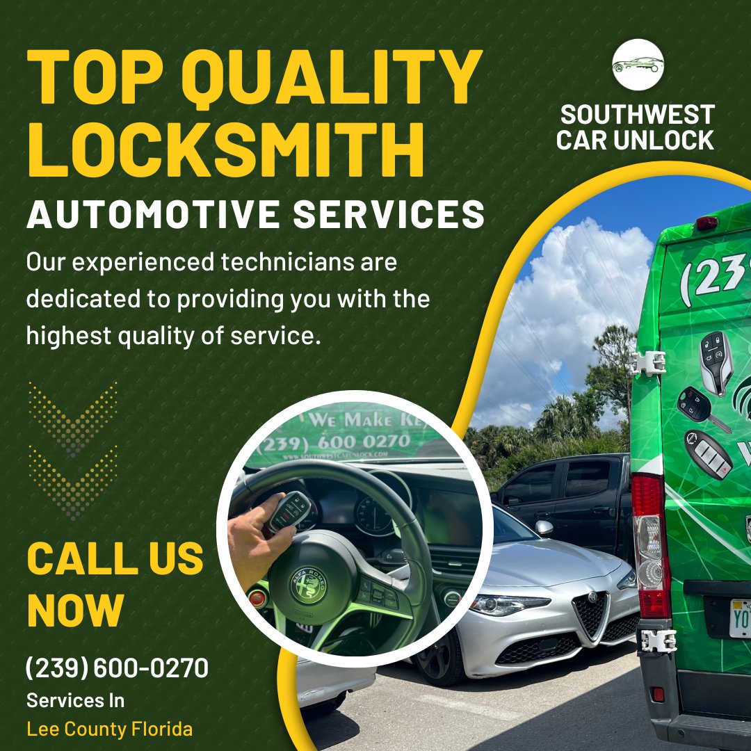 'Quality OEM key fobs guaranteed. On-site cutting & programming. Fast, reliable service. Best prices. Call now: (239) 600 0270. #FortMyers #SWFL #Locksmith'