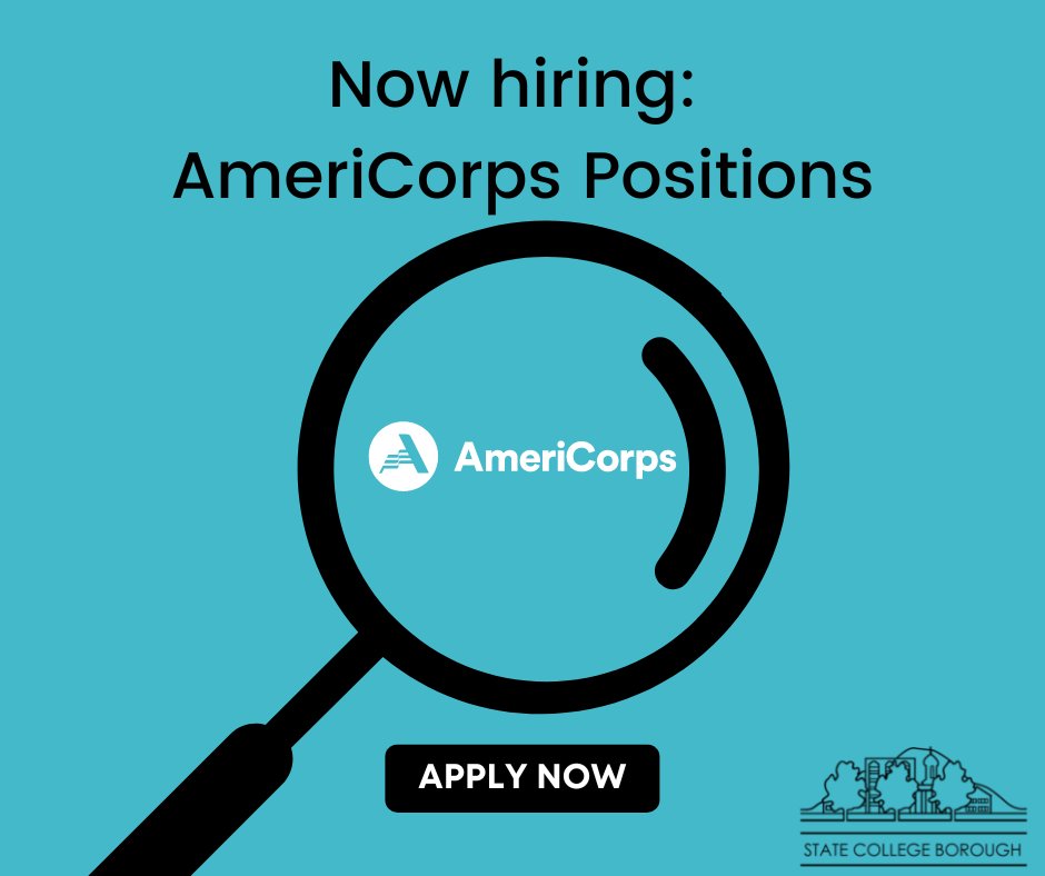 State_CollegePA's tweet photo. The State College Borough is looking to fill a full-time AmeriCorps position, starting August 21, 2023, through August 6, 2024. 

To view the full job description visit: https://t.co/p1gw9LvJvF https://t.co/cjh7LUH3Qj