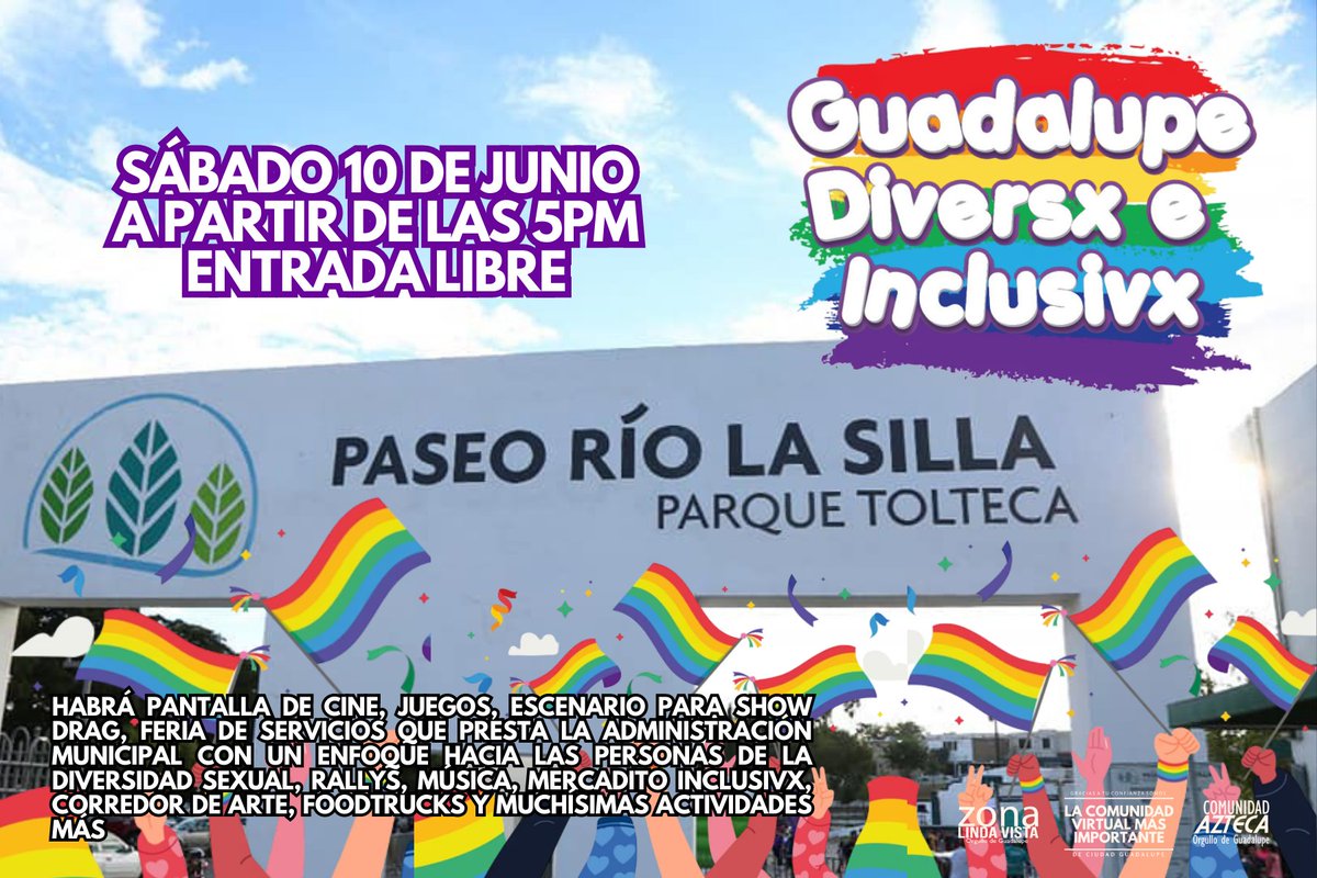 aztecacomunidad's tweet photo. ESTE SÁBADO 10 DE JUNIO EN EL #PARQUETOLTECA EN #CIUDADGUADALUPE
La Secretaría de Igualdad Sustantiva, Inclusión y Derechos Humanos invitan a toda la población a participar en el evento “Guadalupe Diversx e Inclusivx”
Este sábado 10 de junio a partir de las 5PM https://t.co/MQX41fEQuZ