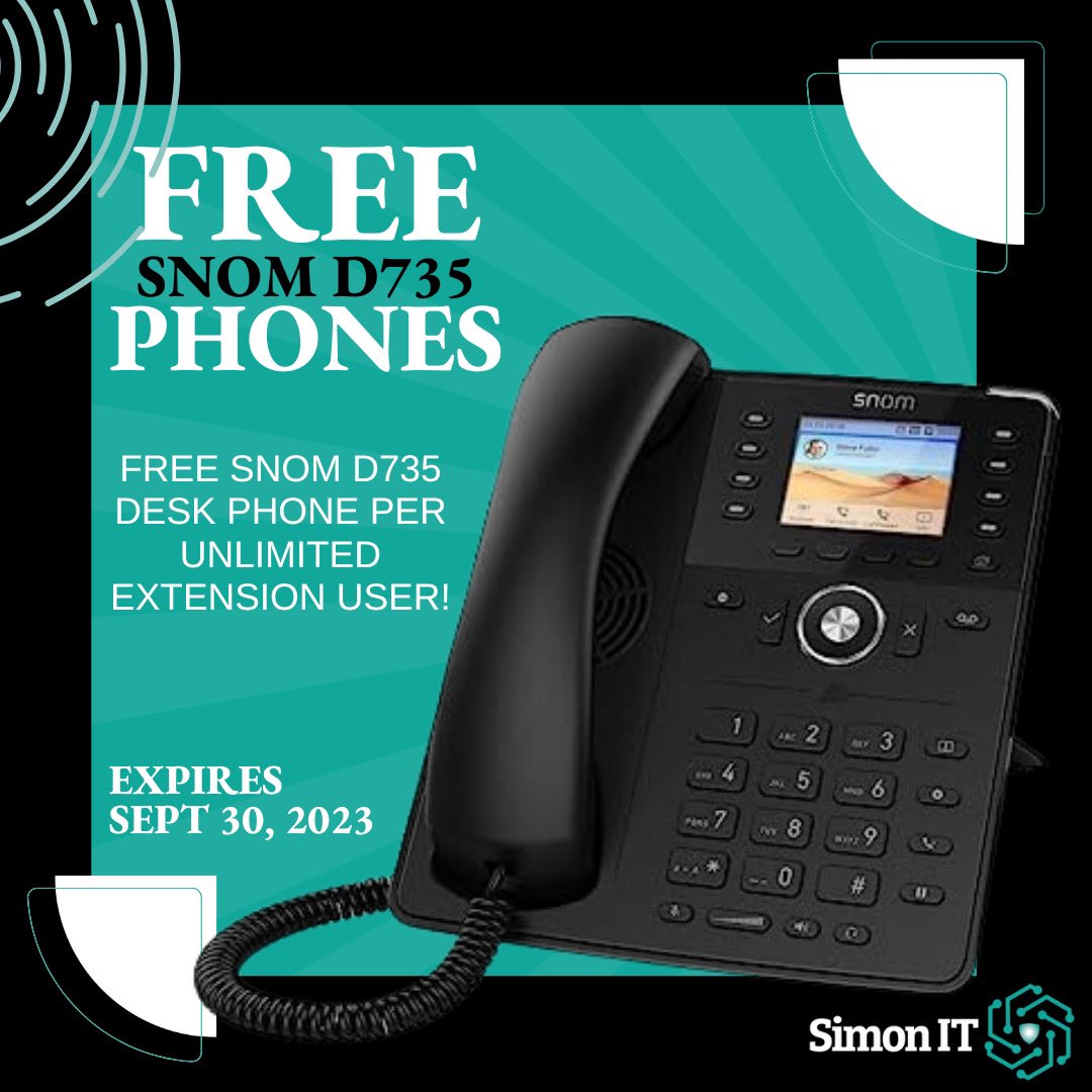 SimonIT_Inc's tweet photo. 🚨PROMO ALERT🚨
*Must be new customer
*Must Sign &amp; Fulfill 3-year term
*Get FREE D735 Desk Phones per UNLIMITED extension user
#SimonIT #itsupport #VoIP #VoIPservices #Phones #VoIPbusiness #SmallBusinessOwners #BusinessSolutions https://t.co/hWXXLwHfvh