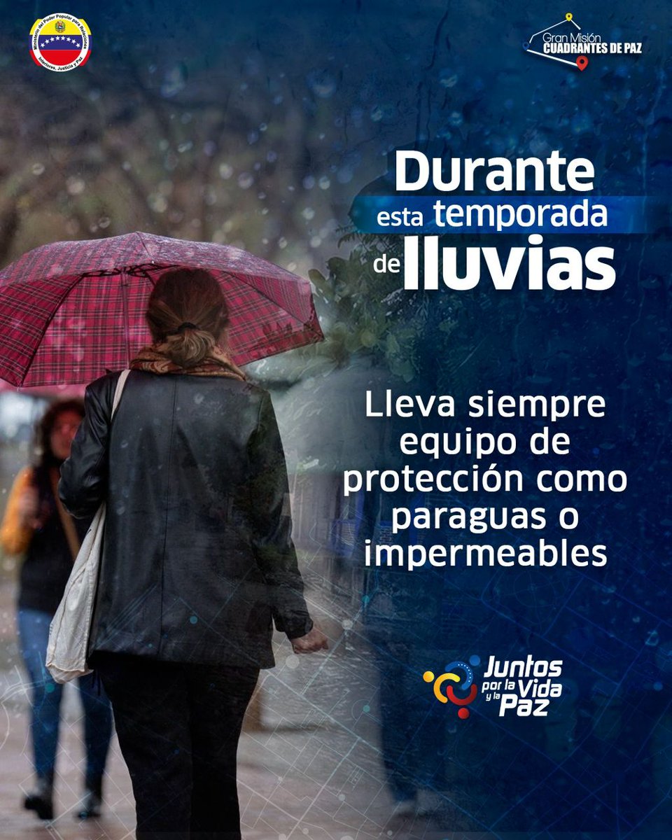 #9JUN || En esta temporada de lluvias 🌧️ recuerda llevar siempre equipo de protección como paraguas ☂️ o impermeables. 

#VivaElPoderPopular