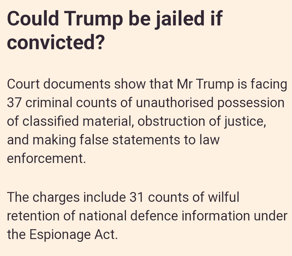 🛑 Could #Trump be jailed if convicted?

The indictment notes that these charges carry a MAXIMUM term of imprisonment of TEN years.

Four other counts, related to conspiracy and withholding or concealing documents, each carry MAXIMUM sentences of TWENTY years.

#EspionageTrump