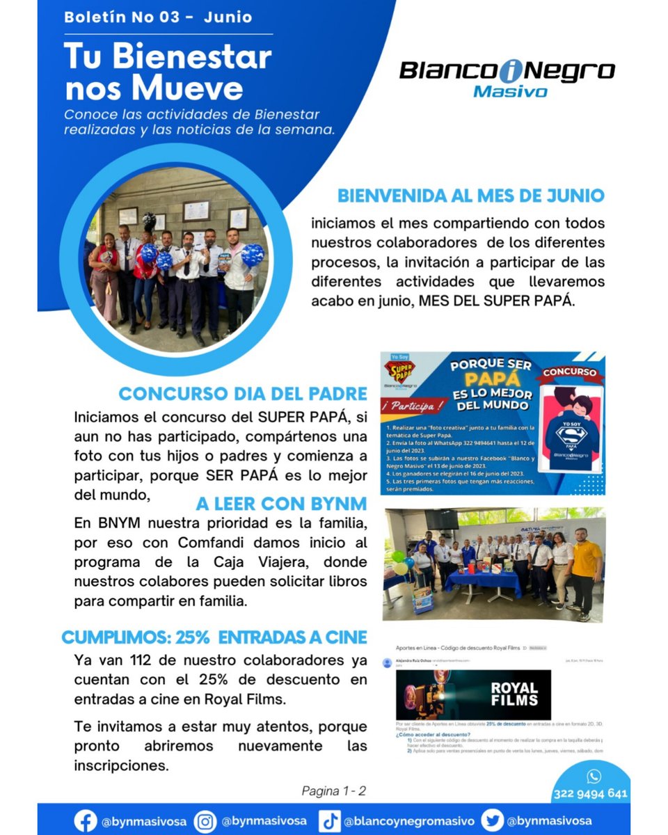 bynmasivosa's tweet image. 🔊Boletín No.3 - Junio🤍💙
🗞️Conoce las actividades de Bienestar realizadas y las noticias de la semana.
@METROCALI #boletíndeprensa #diamundialdeltabaco #cursodeexcel #educandoalacomunidad #reconocimiento #cine #royalfilms #pausasactivas #cumpleaños