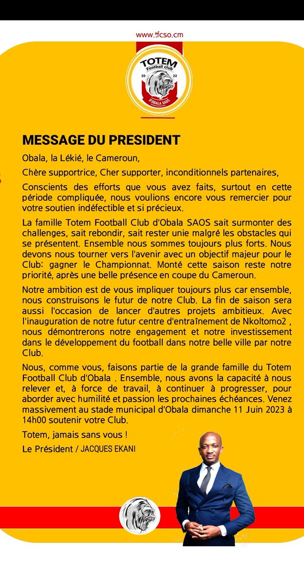 Message du président du Totem Football Club d'Obala SAOS.