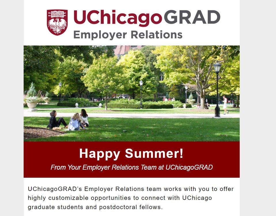 Did you know that many of UChicago’s PhD students and postdocs are on campus year-round? Consider scheduling a PhD/postdoc focused event over the summer. Read the full summer quarter Employer Relations Newsletter here:
linkedin.com/feed/update/ur…